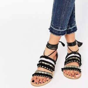 ASOS FUNFAIR Tasseled Tie Leg Flat Sandals in Black and Gold 5